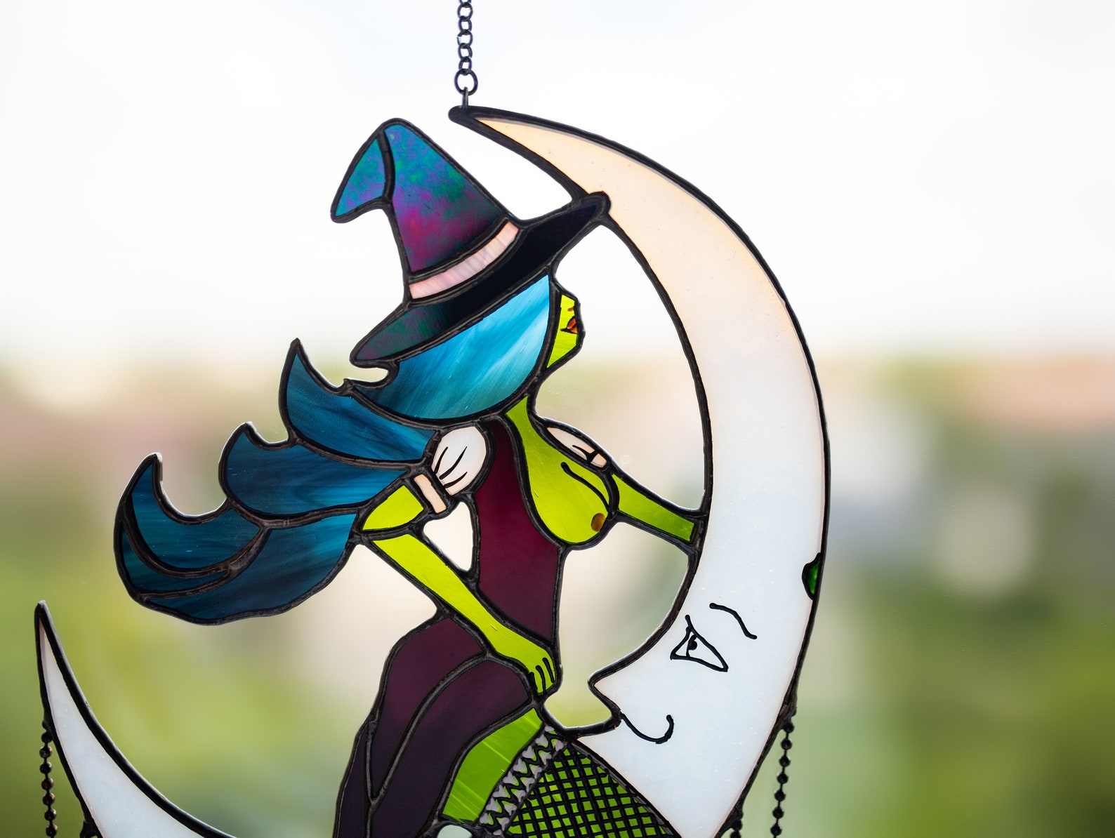 Halloween witch on moon decor Stained glass witch Suncatcher Etsy
