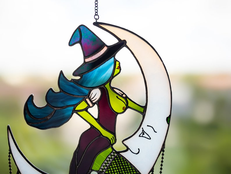 Halloween Witch on Moon Decor Stained Glass Witch Suncatcher Etsy