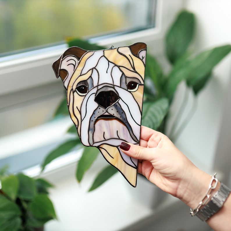 English Bulldog Stained Glass Suncatcher, Personalized Dog Lovers Gift for Mothers Day, Peeking Dog Window Hangings, Bulldog Decor for Home No