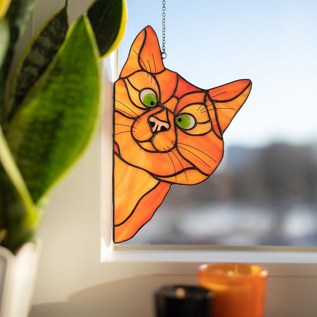 ステンドグラスのオレンジ色の猫のサンキャッチャー、母の日のペット  