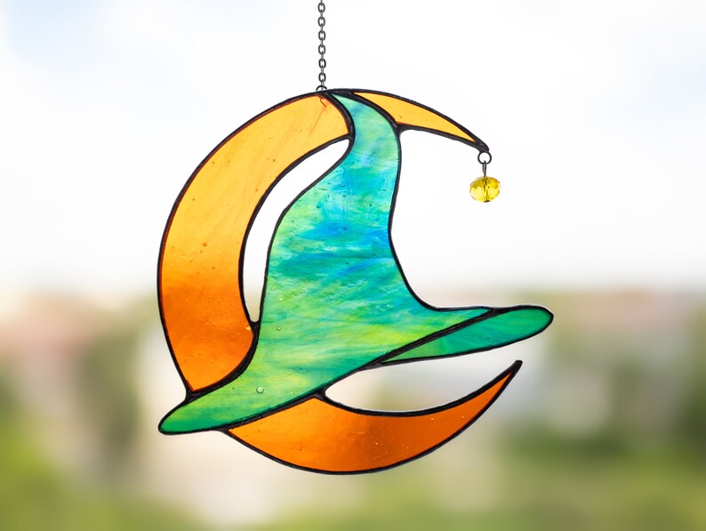 Hallowen decor Stained glass witch hat crescent moon Window Etsy
