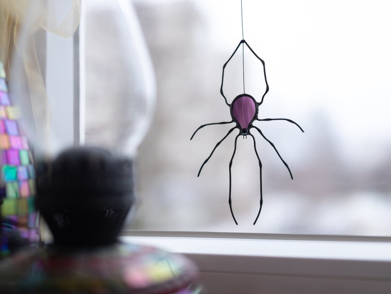 Spider stained glass window hangings, Halloween decor indoor, Unique stained glass suncatcher, Spider gifts for friend 