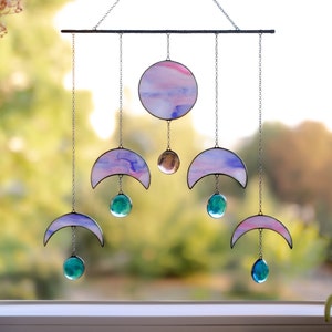 Stained Glass Moon Phases Decor for Window - Celestial Decor for bedroom - Crescent Moon suncatcher -  Birthday gifts for her