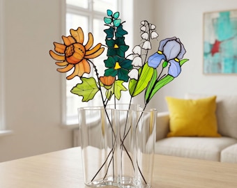 Stained Glass Flower Bouquet, Handmade Colorful Glass Bouquet Gift for Mom, Modern Home Decor