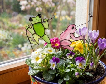 Handmade Stained Glass Frog Fun Plant Stakes Perfect for Mothers Day Gift or Mom Birthday Gift, Fairy Garden Accessories Best Gift for Mom