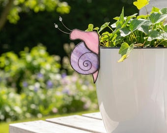 Handgemaakte glas-in-lood slak plant inzet, grillige tuin kunst decor, plantenliefhebber moeder cadeau