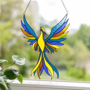 Stained glass window hangings, Unique Handmade Phoenix Suncatcher, Mothers day gifts, Colorful Mythical Bird, Special Majestic Firebird image 4