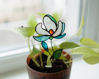 Buntglas-Pflanzenstecker, blauer Blumen-Sonnenfänger, perfektes Geschenk zum Muttertag, Orchideen-Gartenstecker aus Glas, Heim- und Gartendekoration für Töpfe