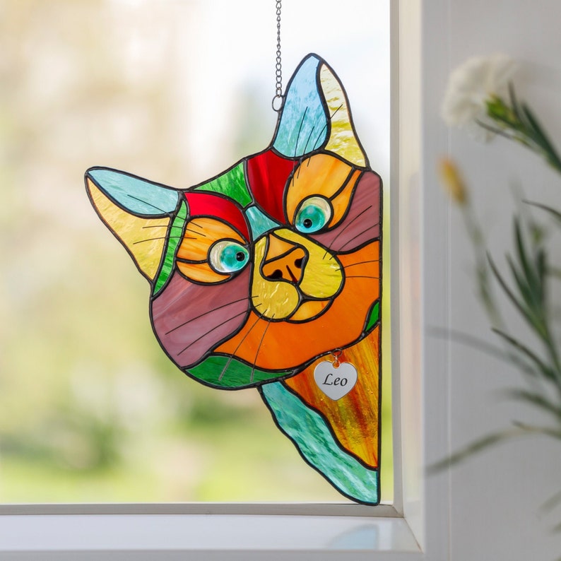 Personalized Stained glass Cat Peeking cat suncatcher Window Hangings Custom Cat with Engraved Sign Personalized gifts for Christmas #1 Multicolor