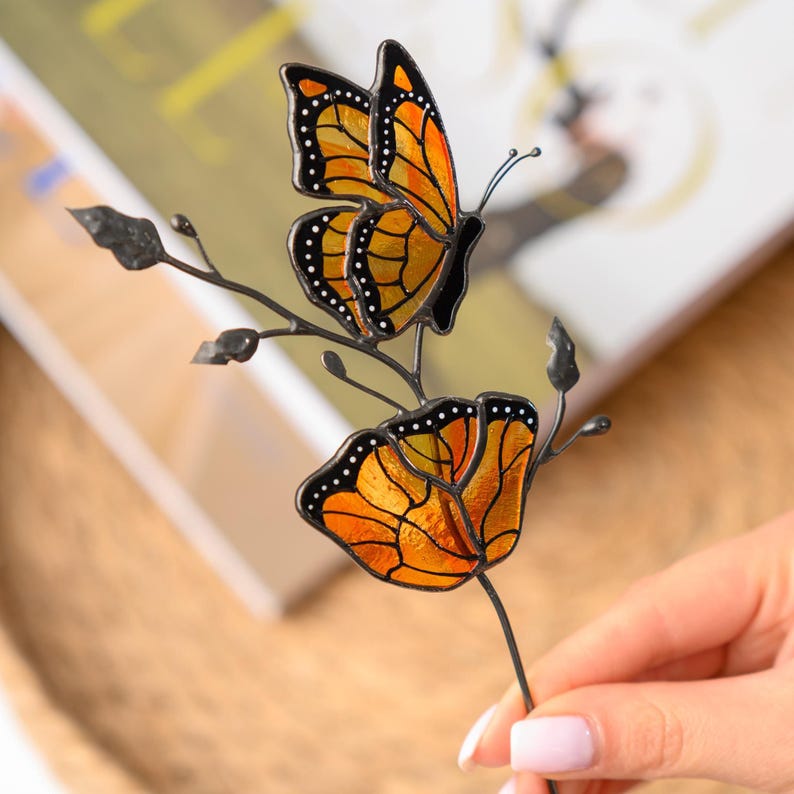 Stained Glass Butterfly Suncatcher – Garden Plant Stake Decor - Gift for Her - Plant Lover Gift for Mom or Grandma image 5