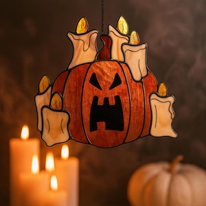 Stained Glass Pumpkin Suncatcher: Halloween Window Decor with Candle
