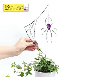 Stain Glass Spider on The Web Garden Stake - Gardener gift - Large Pot Decor Sun Catcher - Spider web suncatcher - Garden decor for indoor