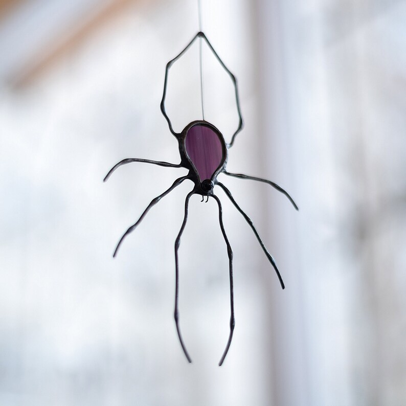 Mysterious Handmade Spider, Gothic Stained glass window hangings, Whimsical Eerie Insect Suncatcher, Goth Spooky Arachnid, Unique Scary Bug image 4