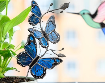 Stained Glass Blue Morpho Butterfly Plant Stake – Handmade Garden Decor - Gifts for Mom