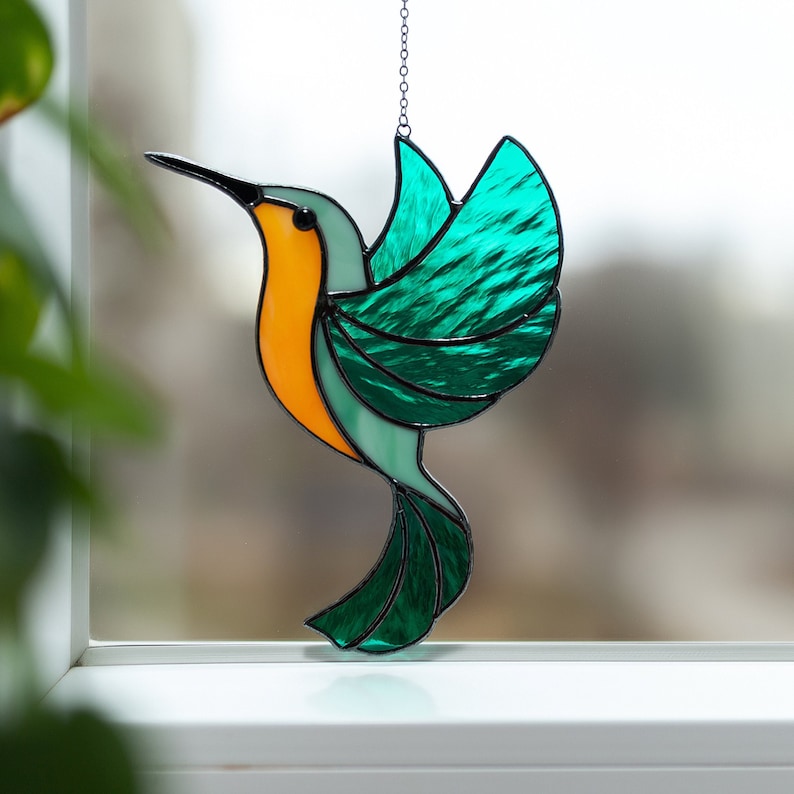Stained Glass Hummingbird Suncatcher Unique Mother's Day & Birthday Gift Bird Lover's Window Hanging Handcrafted Home Decor Green Hummingbird