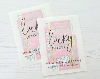 Rubbelkartenhalter, Hochzeitsgeschenke-Päckchen „Lucky in Love“ – 100 % biologisch abbaubares Pergamin, personalisierte Hochzeitsgeschenke-Beutel