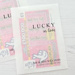 Kraskaarthouder Pakketten met bedankjes Lucky in Love - 100% biologisch afbreekbaar pergamijn Gepersonaliseerde zakjes trouwbedankjes