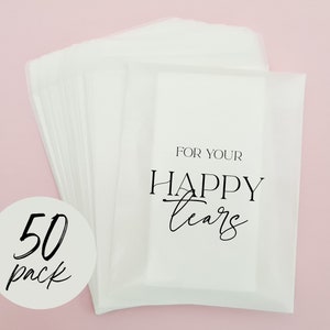 x50 Per le tue lacrime felici Fazzoletti per matrimonio Pacchetti Sacchetti in glassine biodegradabili al 100% - Confezione da 50 - Forniture per matrimonio