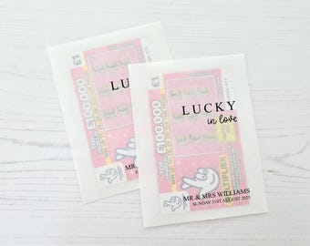 Bolsas de regalo de boda con tarjeteros "Lucky in Love" - 100 % biodegradables, personalizadas y de cristal.