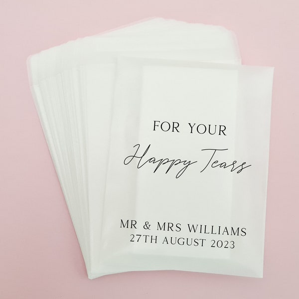 Happy Tears Wedding Tissues Packets 100% Biodegradable Glassine - Pre Filled Wedding Tissue Bag Personalised Wedding Confetti Favours