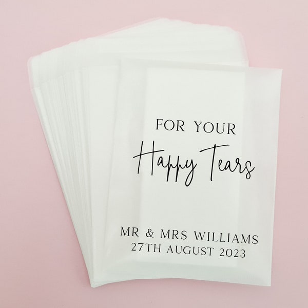 Happy Tears Wedding Tissues Packets 100% Biodegradable Glassine - Pre Filled Wedding Tissue Bag Personalised Wedding Confetti Favours