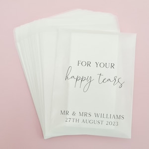 Happy Tears Wedding Tissues Packets 100% Biodegradable Glassine - Pre Filled Wedding Tissue Bag Personalised Wedding Confetti Favours