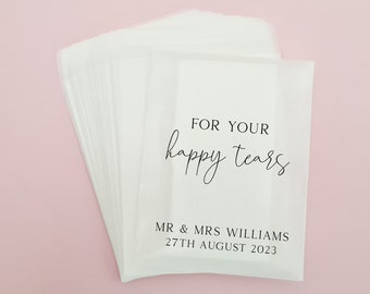 Happy Tears Wedding Tissues Packets 100% Biodegradable Glassine - Pre Filled Wedding Tissue Bag Personalised Wedding Confetti Favours