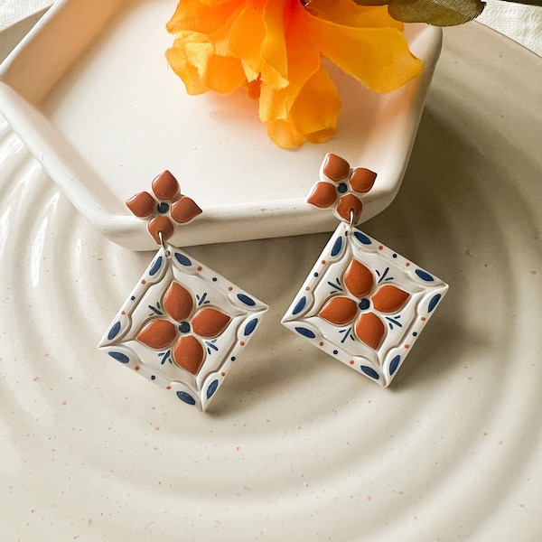 Azulejos Talavera Tile Earrings, Statement Earrings, Polymer Clay Earrings, Handmade Earrings, Clay Earrings, Dangle Earrings