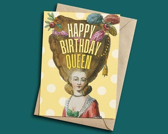 Funny Vintage Queen Birthday Card: Regal Polka Dot Design