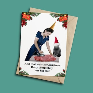 Cartões de Natal peculiares e exclusivos, senhora estressada, Natal louco, senhora engraçada, cartão de Natal hilário, cartão de senhora gato, animal engraçado de Natal