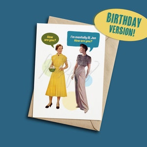 Cartão de aniversário retrô engraçado para ela Cartão de aniversário sarcástico Saúde mental Cartões de aniversário vintage Cartão de amizade hilário para bff