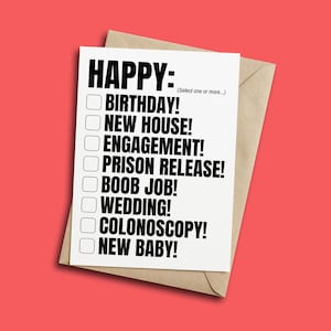 Funny All Occasion Card Birthday, Wedding, Boob Job, Prison Release Sarcastic Checklist Greeting Card Hilarious Engagement or New Baby Card