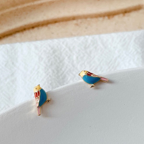 Dainty tiny bird stud earrings, cute animal earrings, enameled stud earrings