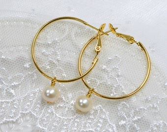 Pearl hoop earrings gold, gold hoop earrings, hoop earrings with charm, bridal jewelry, minimalist earrings