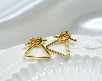 Tie the knot earrings, Gold stud earrings, Triangle earrings, Geometric earrings, Minimalist earrings