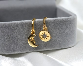 Gold huggie earrings, mix and match moon and sun hoop earrings, dainty celestial earrings