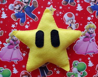 Mario Super Star Stuffie, Hand Sewn Felt Plush Yellow Nintendo Star