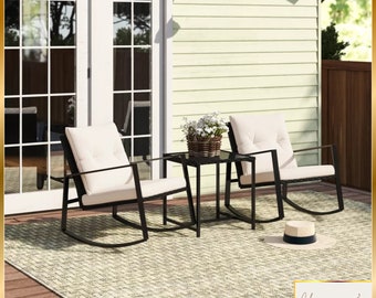 3 Piece Patio Bistro Sets Outdoor Rocking Chairs Modern Patio Furniture Set with Coffee Table ,Recliner Chairs and Cushions