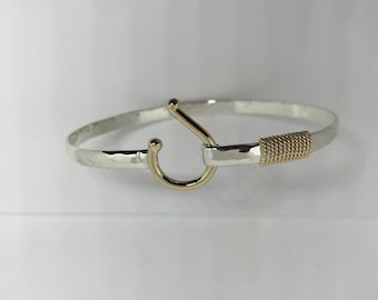 Hand Hammered Sterling Silver J-Hook Bracelet, 14ky Gold, Caribbean Style