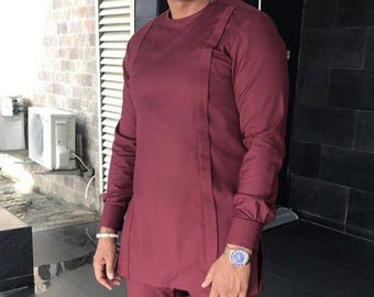 Wine Senator Suit, African Men suit, Dashiki suit, African men clothing, African Senator longsleeve suit, Traditional wear,Africa men wear