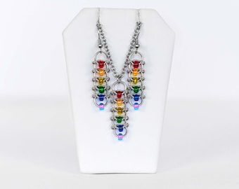 Rainbow Glass Bead Jewelry Set, Pride Pendant Earrings