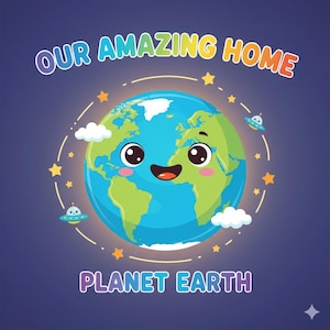 May include: A colourful cartoon illustration featuring a smiling Earth, surrounded by stars and two UFOs. The text "OUR AMAZING HOME" is above the planet, and "PLANET EARTH" is below. The background is a dark blue gradient.