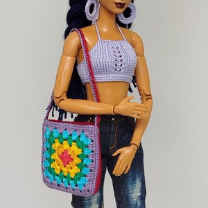 Gehäkelte Regenbogen Tasche für 1/6 Modepuppen Made to move MTM, IT FR, Nu Face, Poppy Parker, 12 Zoll, 30 cm Puppentasche Zubehör