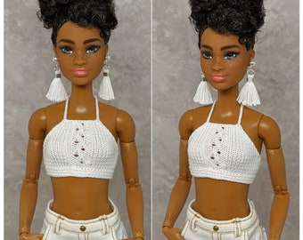 Knitted white summer crop top for MTM Made to Move Regular, Tall size, 1/6 doll, 12" dolls, fashion clothes clothing summer top outfit