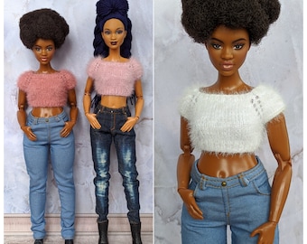 Made to Order knitted fluffy crop top t-shirt for MTM Made to Move Curvy, Regular, Tall size, 1/6 doll, 12" dolls, 30 cm doll clothes outfit