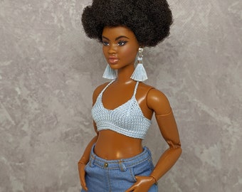 Knitted blue summer crop top for Curvy MTM Madetomove doll, 1/6 doll, 12" dolls, summer top outfit clothing clothes knits Curvy MTM size