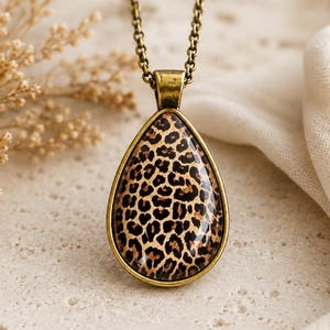 Leopard Teardrop Necklace Animal Print Pendant Cabochon Jewelry Gift for Her