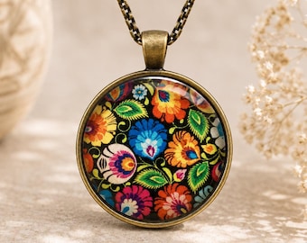 Collar de arte popular polaco, colgante floral, joyería eslava