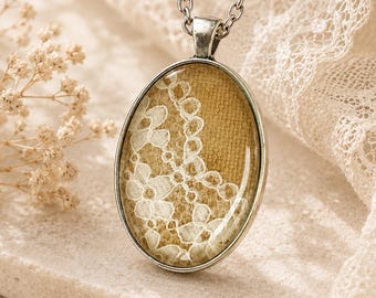 13th Anniversary Lace Necklace Oval French Ivory Denim Pendant Gift for Her