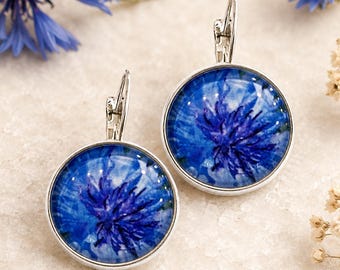 Pode incluir: Um par de brincos redondos de prata com fecho de alavanca, apresentando uma estampa de centáurea azul vibrante sob um cabochão de vidro transparente. As armações metálicas circulares contêm a imagem floral com pétalas.